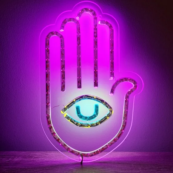 LAST ONE! Purple Hamsa Hand Fatima Evil Eye Neon Light Lamp Wall Sign Hanging - Picture 5 of 8